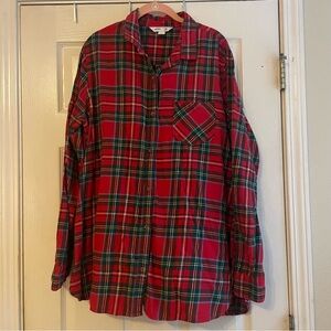 Old Navy Tunic Shirt XXL Tall Red Green Plaid Long Sleeve Button Up